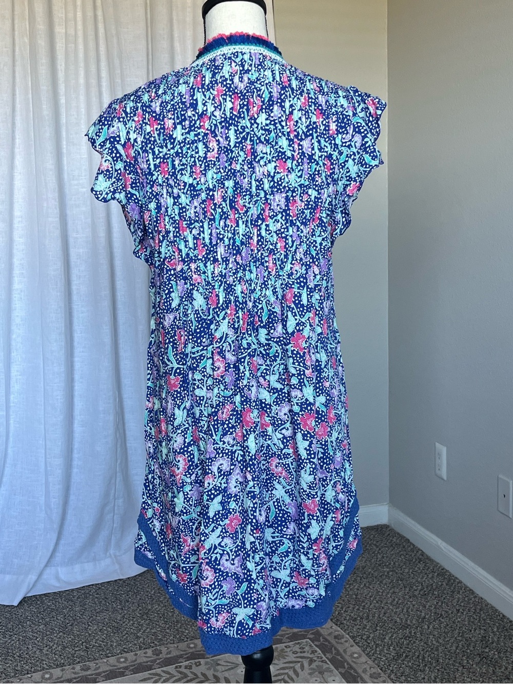 Poupette St Barth Blue Pink Print Tunic Dress Fringe V Neck Cover Up Size S - Picture 6 of 10